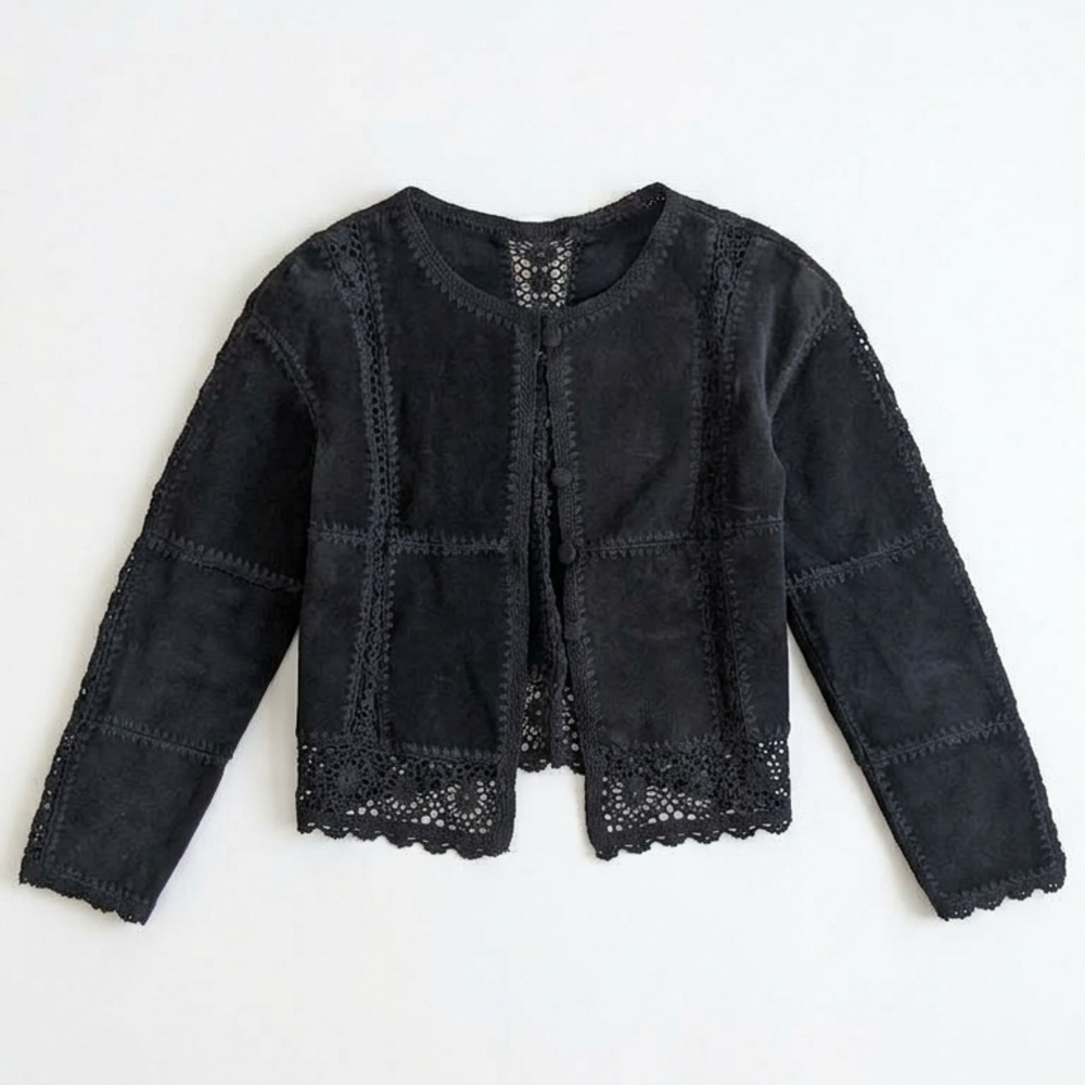 Black Crochet Trim Suede Jacket